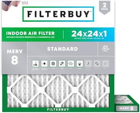 Filterbuy 24x24x1 Air Filter MERV 8 Dust Defense (2-Pack), Pleated HVAC AC Furnace Air Filters Replacement (Actual Size: 23.38 x 23.38 x 0.75 Inches)