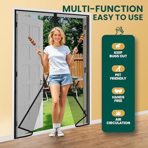 Magnetic Screen Door Mesh with Super Strong Magnets Fit Door Size 36" X 80", Mesh Size 38" X 81" Heavy Duty Door Net Screen for Sliding, French, Single and Patio Doors