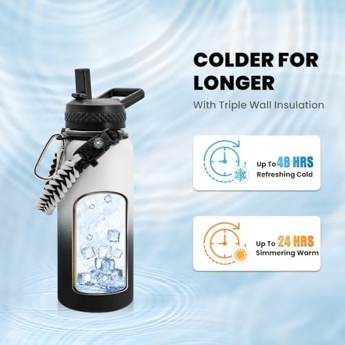 Insulated Water Bottle 32 oz, Triple Wall Vacuum Stainless Steel (Cold for 48 Hrs), Leak Proof & Non-BPA, Modern Water Flask Jug with Paracord Handle & Straw Spout Lids, Ombre: White/Black