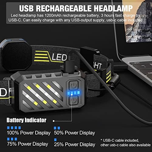 LED Headlamp, 1000lumens 230° Widebeam Headlight, USB Rechargeable HeadLamp with Red Taillight, Lightweight Waterproof Headband Light for Camping Running Hiking, Hard Hat Headlamp