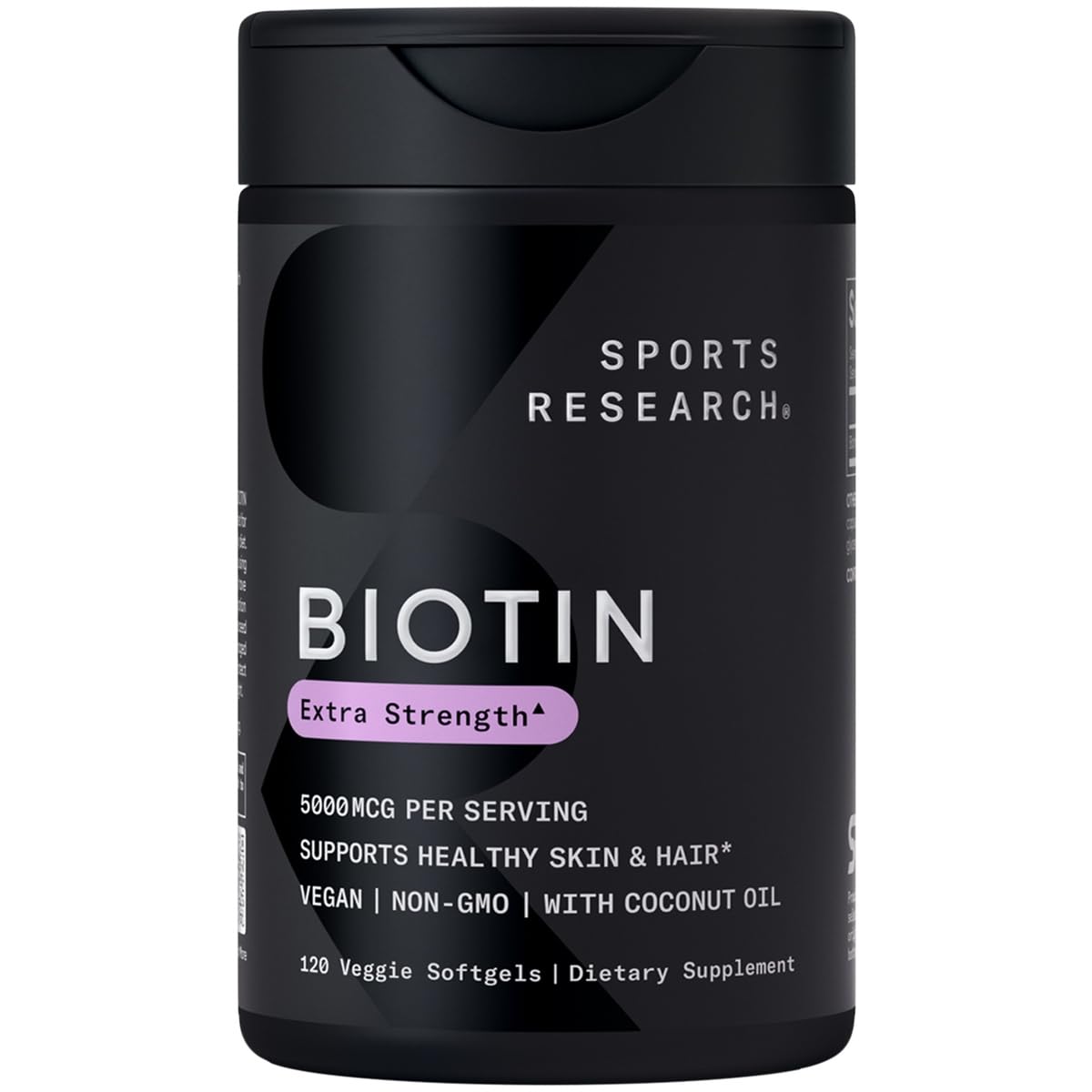 Sports Research Extra Strength Vegan Biotin (Vitamin B) Supplement with Organic Coconut Oil - Supports Keratin for Healthier Hair & Skin - Great for Women & Men - 5,000mcg, 120 Veggie Softgel Capsules