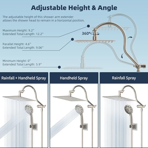 Hibbent All Metal Shower Head, 10'' High Pressure Rainfall Shower Head/Handheld Showerhead Combo/ 12'' Adjustable Curved Shower Extension Arm, 7-Spray, 71'' Hose, Showerhead Holder, Brushed Nickel