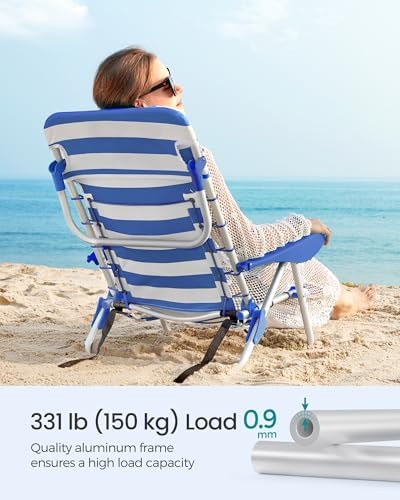SONGMICS Portable Backpack Beach Chair, 331 lb Capacity, 4 Angles Adjustable Backrest, 2 Side Pockets, Towel Bar, Blue and White UGCB62BU