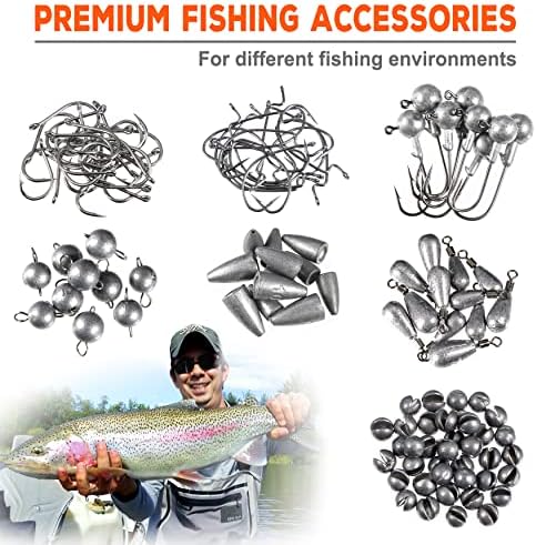 PLUSINNO 264/397pcs Fishing Accessories Kit, Organized Fishing Tackle Box with Tackle Included, Fishing Hooks, Fishing Weights Sinkers, Swivels, Beads, Fishing Gear Set Equipment for Bass Trout
