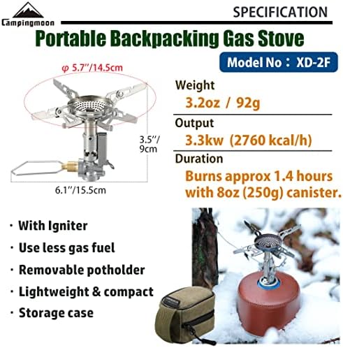 CAMPINGMOON Canister Top Stove Portable Compact Foldable w/Micro Regulator w/4Flex w/igniter XD-2F
