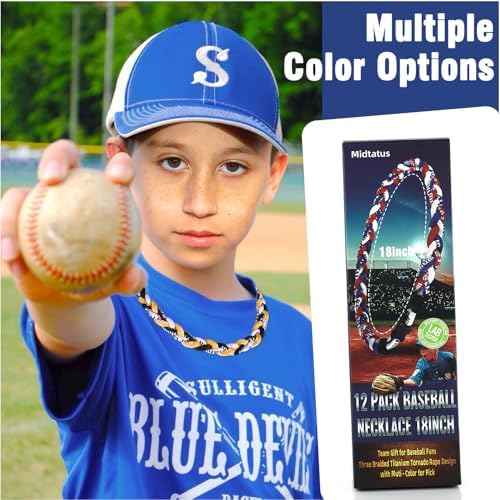 12 Pack Baseball Necklace 18inch, Team Gift for Baseball Funs, Three Braided Titanium Tornado Rope Design, with Muti - Color for Pick