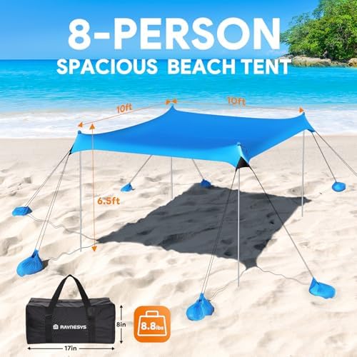 Beach Tent Sun Shelter, 10 x 10 FT Beach Canopy Tent Sun Shade Heavy Duty, UPF50+ Beach Tent Canopy with 8 Sandbags & 4 Stability Poles, Outdoor Beach Tent for Beach Camping Fishing, Sky Blue