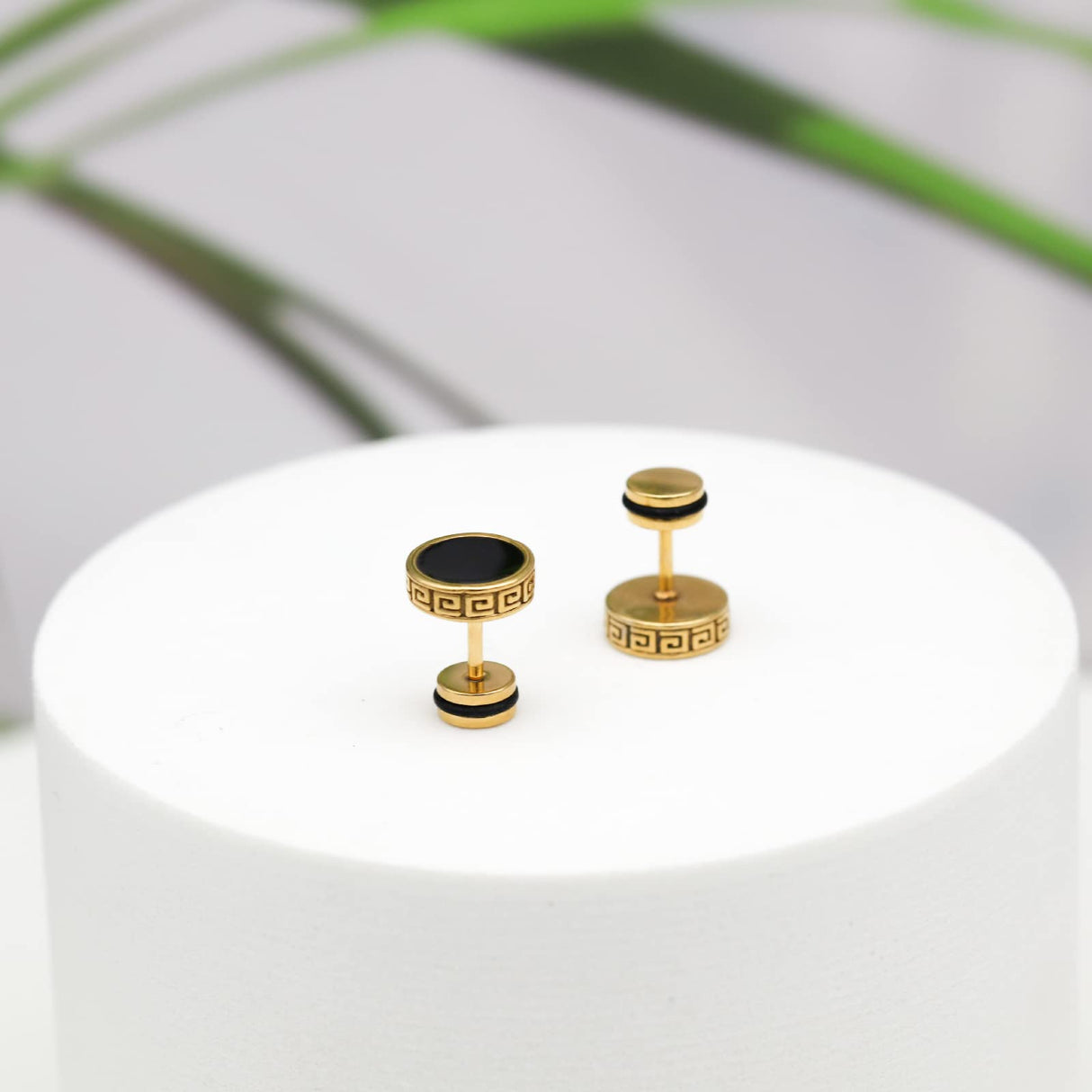 2026 Upgraded Hypoallergenic earrings for men,Mens surgical steel black stud earring jewelry,Great Wall wall grain round cake shape,Single black gel 0.4 inches wide