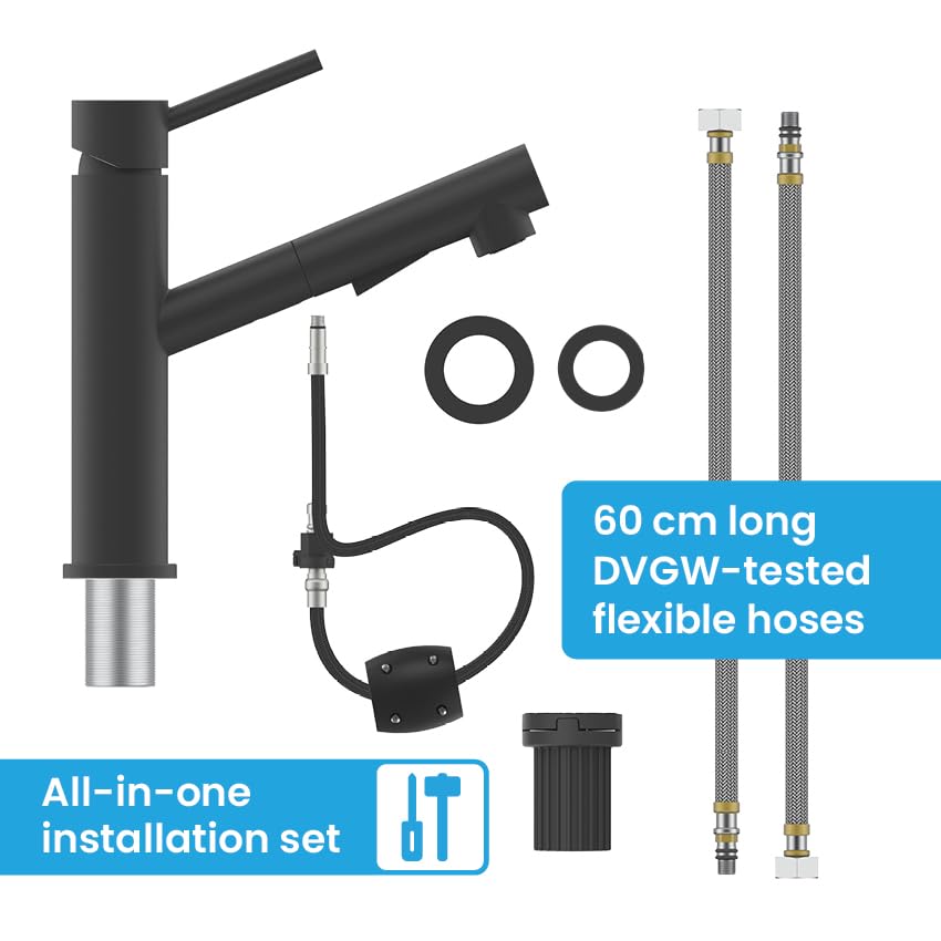 Bächlein Kitchen Faucet (Matt Black) - Single-Lever Sink Mixer Made of Stainless Steel with Extendable Hose and Shower with Switch Button, Water Tap for The Kitchen