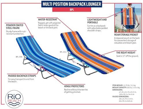 Rio Beach Portable Lay Flat Folding Backpack Beach Lounge Chair with Backpack Straps and Storage Pouch, Orange and Green