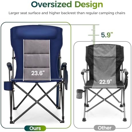 ALPHA CAMP Oversized Folding Camping Chairs High Backrest Heavy Duty Lawn Chairs for Adults Support 500 LBS Portable Camp Chairs with Cup Holders Large Side Pocket for Outdoor