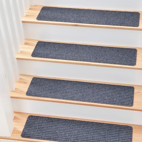MBIGM 8" X 30" (15 in Pack) Non-Slip Carpet Stair Treads Non-Skid Safety Rug Slip Resistant Indoor Runner for Kids Elders & Pets with Reusable Adhesive - Gray - Carpet Pads for Stairs