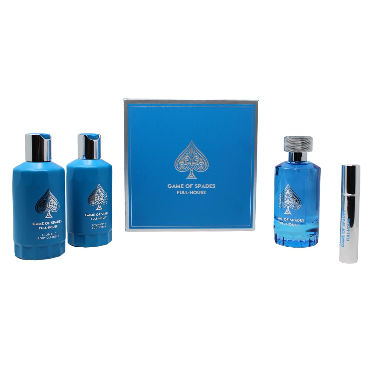 Jo Milano Game of Spades FULL-HOUSE 4PCS (3.4oz Parfum, 6.8oz Body Cleanser, 6.8oz Body Cream, 0.27 Oz Refillable Atomizer) - Unisex Whole Body Skin Care Set