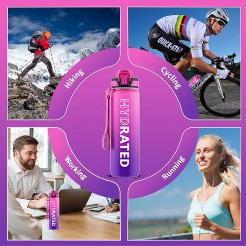 Water Bottle with Straw, 32oz Motivational Water Bottles with Time Marker to Drink, Tritan BPA Free, 1L Sports Water Bottle with Carry Strap LeakProof for Women Gym Fitness Outdoor (1 Pack)