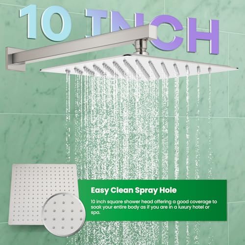 gotonovo Rainfall Bathroom Shower System Rain Shower Head and Handle Set Wall Mounted Shower Complete Combo Solid Brass Pressure Balancing Shower Mixer Valve 10 Inch Brushed Nickel