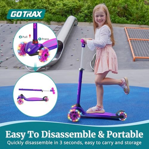 Gotrax KS1 Kids Kick Scooter, LED Lighted Wheels and 3 Adjustable Height Handlebars, Lean-to-Steer & Widen Anti-Slip Deck, 3 Wheel Scooter for Boys & Girls Ages 2-8 and up to 100 Lbs