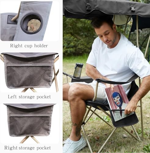 Camping Chair with Canopy Shade,Portable Folding Chair with UPF 50+ Sun Shade,Cup Holder,Side Pocket,Soccer Chair Adults for Camp,Beach,Outdoor Sports-Support 330 LBS Grey