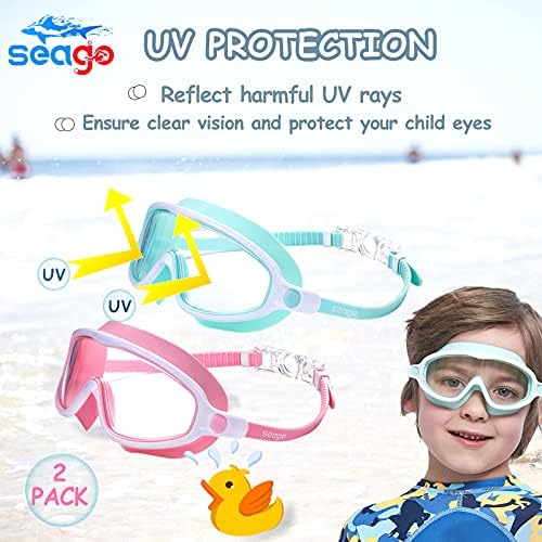 Seago Swim Goggles 2 Pack Anti-Fog Anti-UV Wide View Swimming Goggles for Kids 3-15