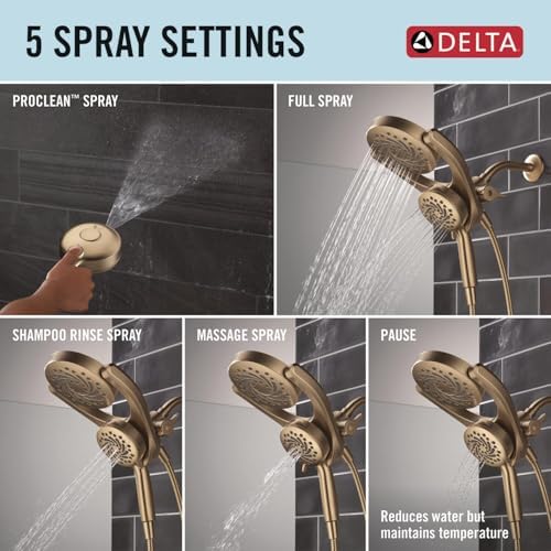 Delta Faucet 5-Setting HydroRain 2-in-1 Dual Shower Head with ProClean Spray, Gold Round Shower Head with Hose, Hand Held Shower Head, Champagne Bronze 75419CZ