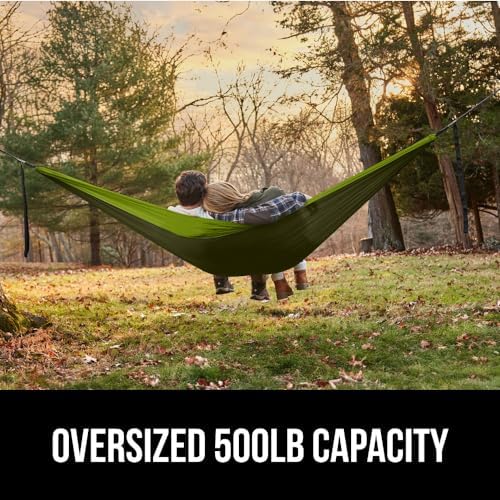 GORILLA GRIP Durable Portable Camping Hammock, Holds 500lbs with Heavy Duty Tree Straps, Comfortable Travel Swing, Camp Hammocks, Easy to Use and Install, Outdoor Essentials, Green, 10x6.5 FT