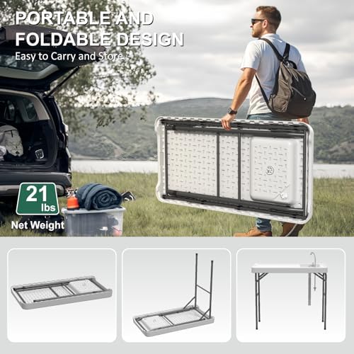 42.5" Fish Cleaning Table with Sink, Folding Camping Table & Fish Cleaning Station with Measure Mark, Camping Sink with Hose Hookup for Outdoor Picnic, Beach, Dock & Patio Use