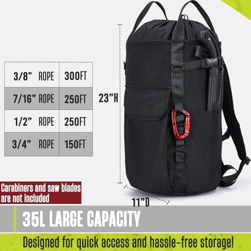 Arborist Rope Bag, 35L Tree Climbing Rope Bag, Arborist Equipment Bucket Backpack, Arborist Gear Carrier Bag with Side Pockets, Tough Rock Climbing Backpack, Rock and Tree Climbing Gear
