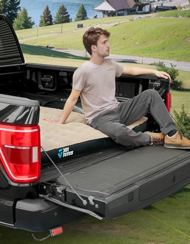 JOYTUTUS Truck Bed Mattress for 5.5-5.8Ft, Full Size Inflatable Mattress Pickup Short Beds for Outdoor Camping, with Carry Bag & Cup Holder & Cavity Design, Camel&Black