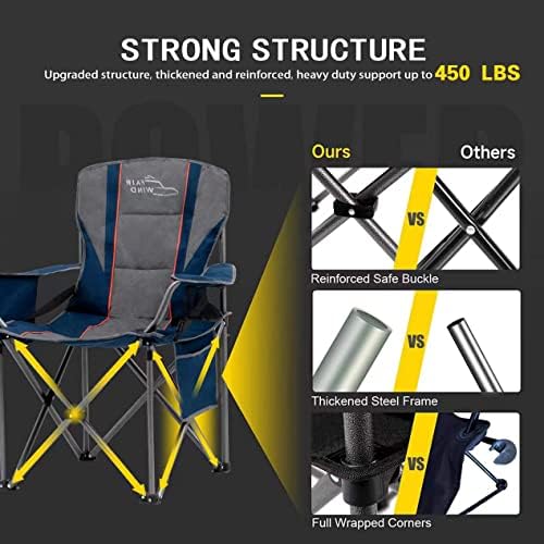 FAIR WIND Oversized Fully Padded Camping Chair with Lumbar Support, Heavy Duty Quad Fold Arm Chair with Cooler Bag - Support 450 LBS,Blue