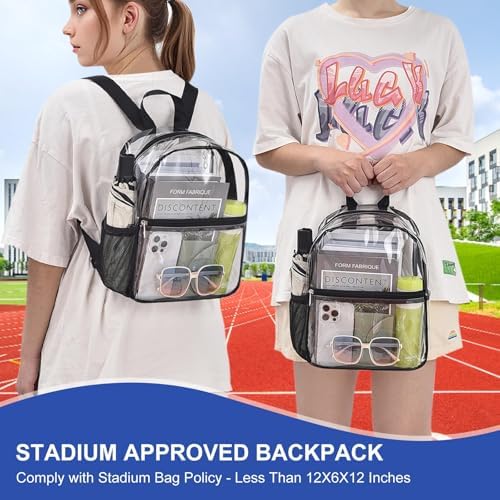 Clear Backpack Stadium Approved 12×12×6 Clear Mini Backpack Small Transparent Backpack for Concert, Beach, Work, Travel & Sporting(Black)