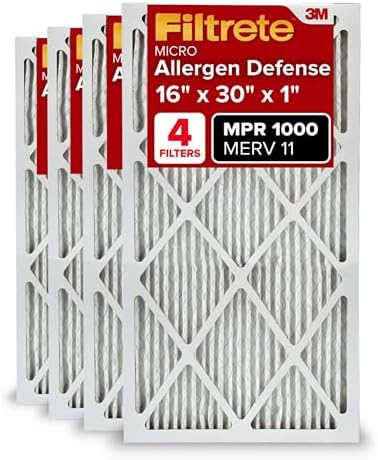 Filtrete 16x30x1 AC Furnace Air Filter, MERV 11, MPR 1000, Micro Allergen Defense, 3-Month Pleated 1-Inch Electrostatic Air Cleaning Filter, 4 Pack (Actual Size 4-Pack 29.813x15.813x0.656 in)