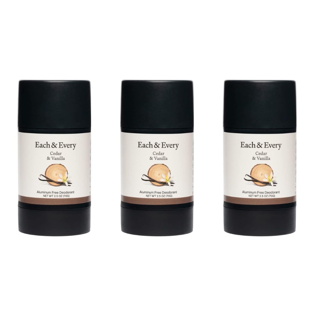 Each & Every All Natural Deodorant for Women & Men - Sensitive Skin, Plant-Based, Baking Soda & Aluminum-Free Deodorant - Long Lasting 24 Hr Odor Control - Cedar & Vanilla Travel Size (3 Pack, 2.5oz)