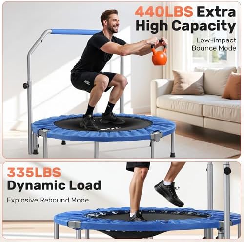 BCAN 40/48" Foldable Mini Trampoline Max Load 330lbs/440lbs, Fitness Rebounder with Adjustable Foam Handle, Exercise Trampoline for Adults Indoor/Garden Workout