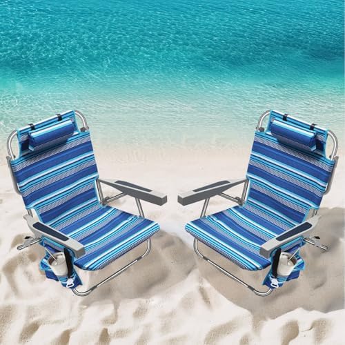 5-Position Aluminum Lay Flat Tall Backpack Beach Chairs 2 Pack, Compact Portable Beach Chairs for Adults with Cooler Pouch, Storage Pouch, Towel Bar, Cup Holder & Phone Holder, Blue Stripe