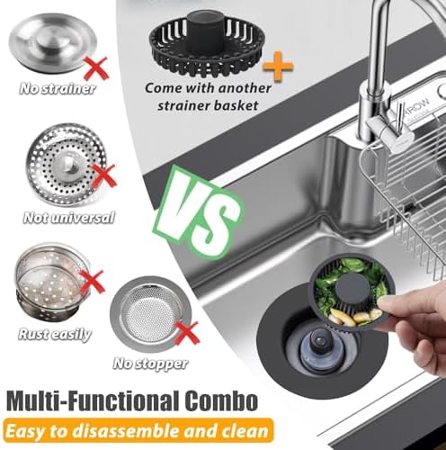 Kitchen Sink Drain Strainer,3 in 1 Pop Up Kitchen Sink Stopper,Made of Brass Material,with an Extra Basket Strainer,Sink Bounce Core Drain Strainer,Universal for US Standard 3-1/2 Inch,Black