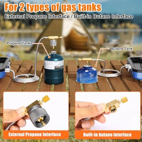 Portable 2 Burner Camping Stove Set with Cookware, Outdoor Cooking Kit Includes Outdoor Folding Gas Stove, Frying Pan, Griddle, Kettle, Pot, and Carry Bag, For Propane & Butane, 20,000 BTU/h