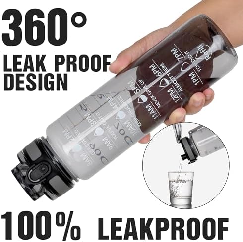 OLDLEY Water Bottle, 32oz Motivational Sports Water Bottle with Time Marker - Times to Drink - Tritan, BPA Free, Wide Mouth Leakproof,Smoke Grey (1 Bottle)
