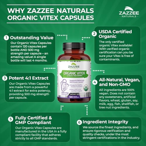 Zazzee USDA Organic Vitex, 500 mg Strength, 120 Vegan Capsules, 4 Month Supply, Standardized and Concentrated 4X Extract, Whole USDA Certified Organic Chaste Berry, All-Natural and Non-GMO