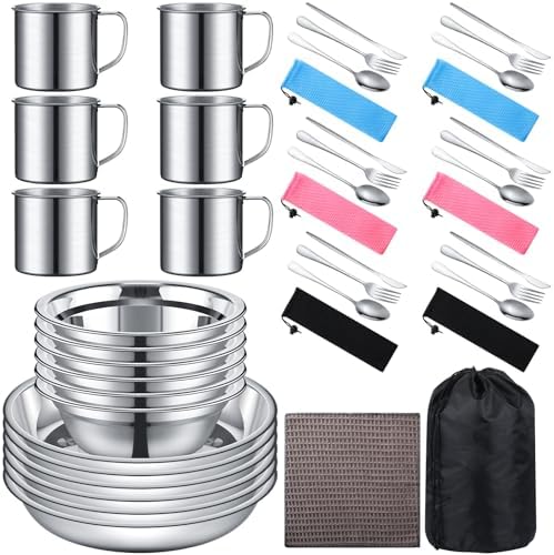 Lallisa Outdoor Camping Cookware Mess Kit Polished Stainless Steel Dishes Camping Utensils Portable Tableware with Plates Cups Spoons Forks Knives Mesh Bag for Backpacking Hiking