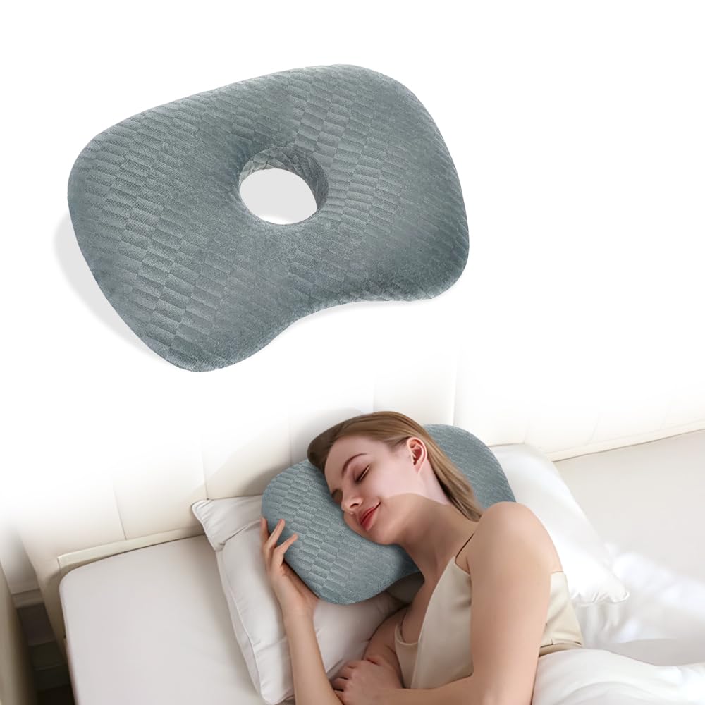 Ear Piercing Hole Pillows Side Sleeper Pillow with an Ear Hole for CNH Side Sleepers and Ear Inflammation Pressure Sores, Adjustable Cotton and Polyester Curved Side Pillow, Gray Skew Grid