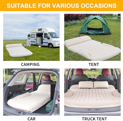 KMZ SUV Air Mattress Thickened and Double-Sided Flocking Travel Camping Bed with 2 Pillows & Electric Pump Dedicated Mobile Cushion Inflatable Bed for SUV Trunk and Rear Seat (Beige and Coffee)