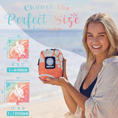 WEKAPO Beach Blanket Waterproof Sandproof Oversized Extra Large Sand Free Beach Mat with Stakes, Storage Bag - Essentials for Outdoor Beach, Picnic (Sea Turtle, 8 X 7 FT (1~4 Person))