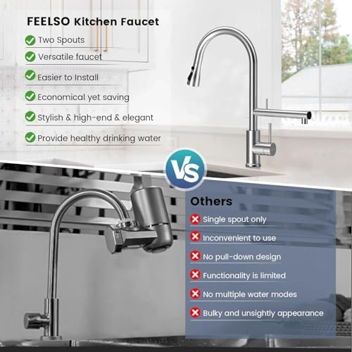 FEELSO Kitchen Faucets, Upgraded Filter Water Kitchen Faucet with Pull Down Sprayer, Brushed Nickel Stainless Steel High Arc 1 Or 3 Hole Kitchen Sink Faucet for Remove Chorine, Harmful Substances