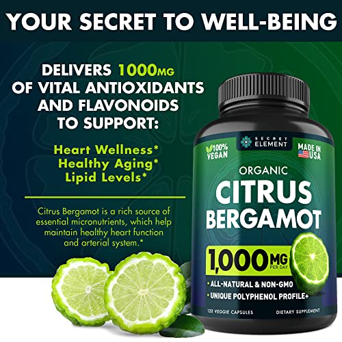 SECRET ELEMENT Citrus Bergamot Extract 1000mg - Organic Citrus Bergamot Supplement for Heart, Immune System Support, and Healthy Aging - Pure, Vegan Bergamot Capsules