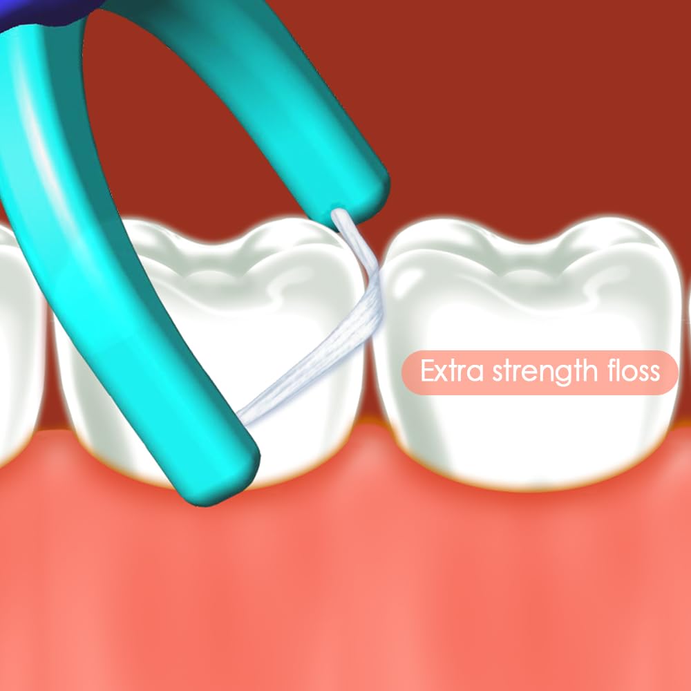 T.Smile NoFuss Dental Flosser Kit, 5-inch Long Handle & Refill Heads, Extra-Strength Floss for Comfortable Clean, Fluoride Free, (1 Blue Handle + 100 Extra-Strength Floss Refills)