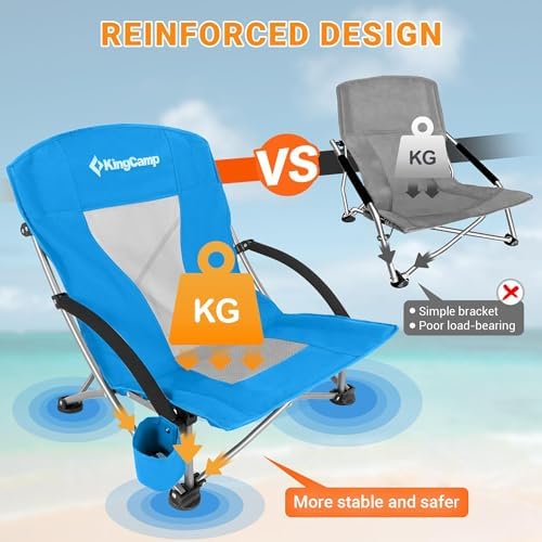 KingCamp Low Beach Chairs, Portable Folding Chair for Adults Extra Wide Ergonomic High Back Seat 300lbs Heavy Duty Lightweight Oversized Gear with Carry Bag for Outdoor Lawn Camping Picnic