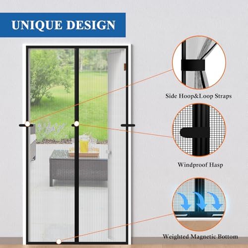MAGZO Magnetic Screen Door Mesh, Fits Door Size 36'' x 80''(Curtain Size 38'' x 81''), Polyester Material Scratch-Proof, Cat Friendly, Keep Annoying Creatures Out, Easy Install, Strong Magnets, Black