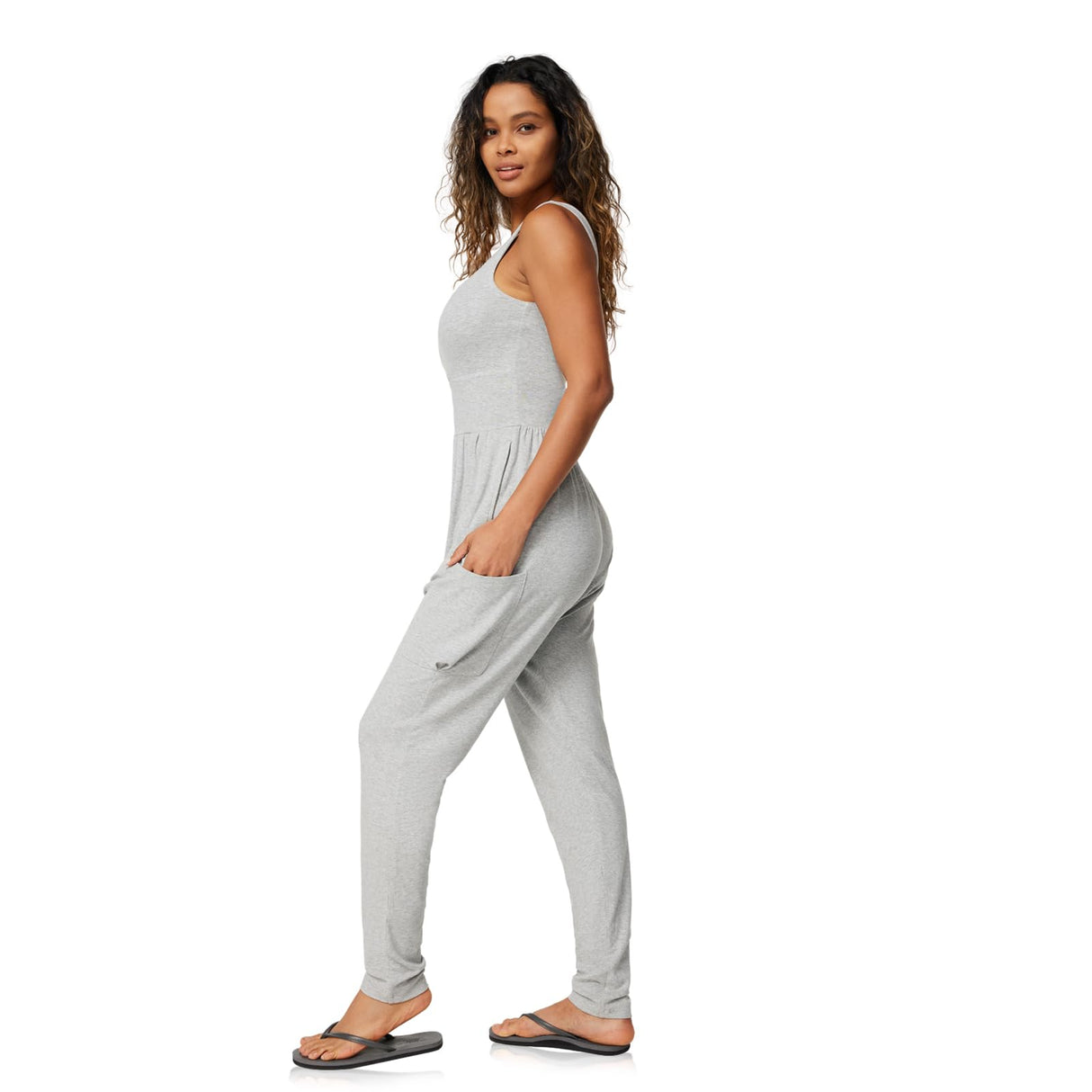 Casei Jumpsuits for Women Casual Summer Rompers Sleeveless Loose Strap Baggy Overalls Yoga Harem Jumpers with Pockets(Gray,XL)