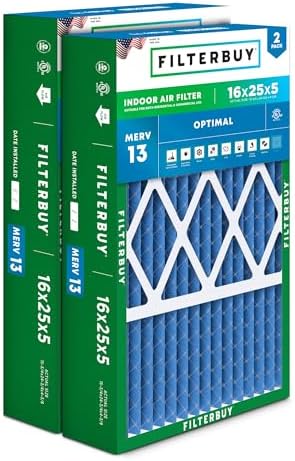 Filterbuy 16x25x5 Air Filter MERV 13 Optimal Defense (2-Pack), Pleated HVAC AC Furnace Air Filters for Honeywell FC100A1029, Lennox X6670, Carrier, & More (Actual Size: 15.75 x 24.75 x 4.38 Inches)
