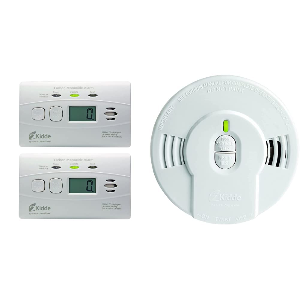 Kidde Carbon Monoxide Detector with 10-Year Battery, Digital Display, 3 LEDs, 2 Pack and Smoke Detector, 10-Year Battery, LED Lights & Replacement Alert
