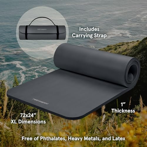 Retrospec Solana Yoga Mat 1" Thick With Nylon Carry Strap for Men & Women - Non Slip Exercise Mat for Home Yoga, Pilates, Stretching, Floor & Fitness Workouts